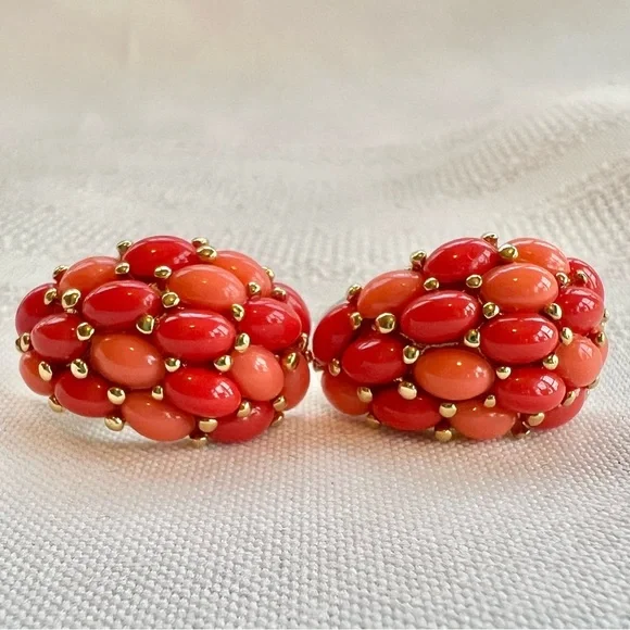 KJL Kenneth Jay Lane Earrings Signed Vintage Faux Coral Cabochon Post EUC - Picture 1 of 6
